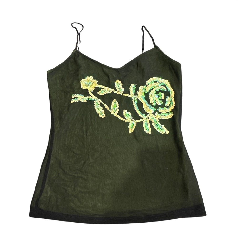 Olive Green Mesh Sequin Rose  Top Y2K V-Neck Spaghetti Strap Yellow Floral